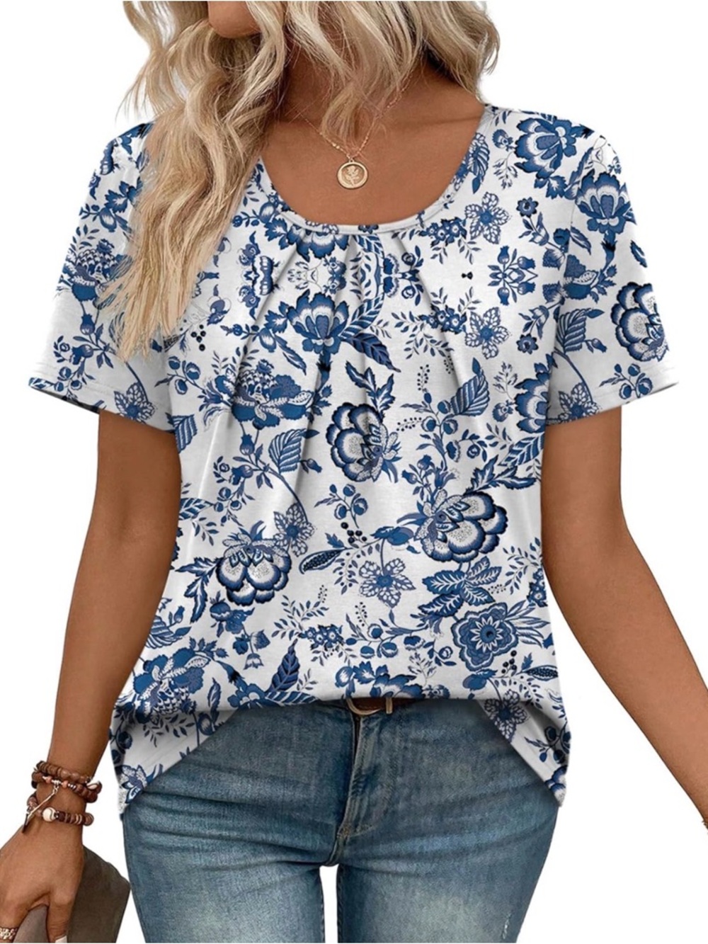 Boho Blue Floral Short-Sleeve Women's Top - Picture 4 of 5